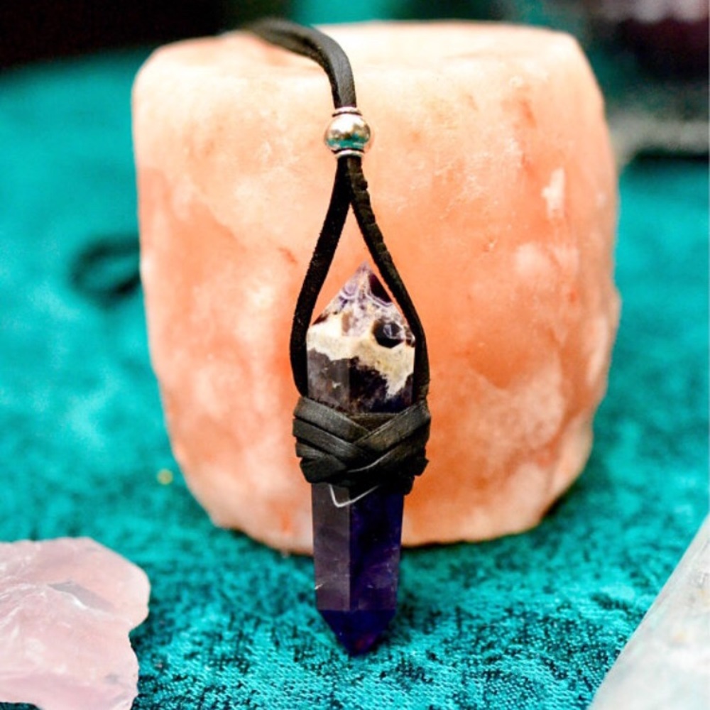 Dream Amethyst Black Leather Wrapped Necklace